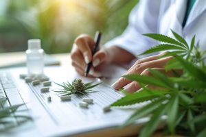 doctor-updating-medical-records-with-cannabis-plant-background_922936-18436